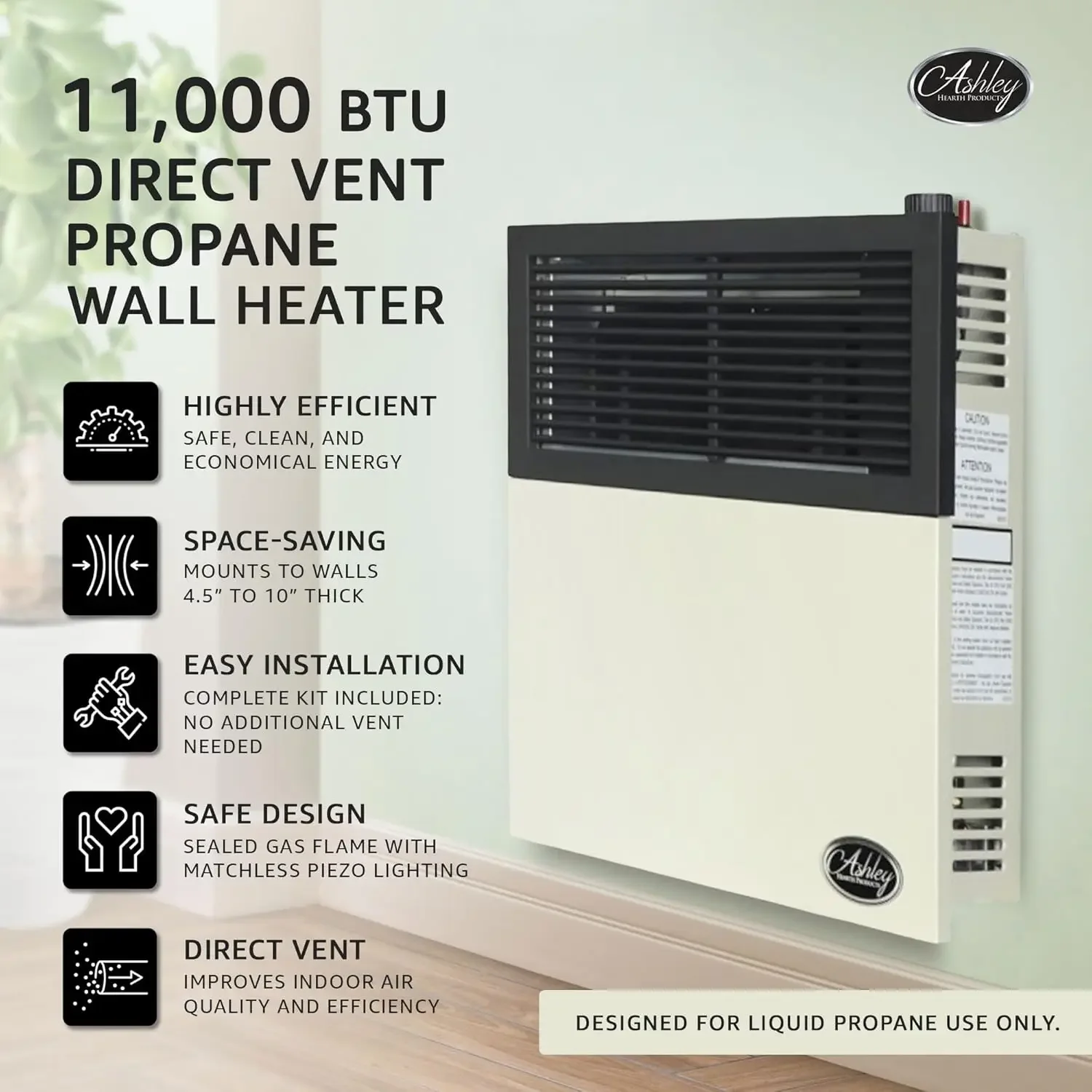 Hearth Products Calentador de pared de propano líquido de ventilación directa de 11,000 BTU con relámpago piezoeléctrico, piloto de seguridad y regulación incorporada