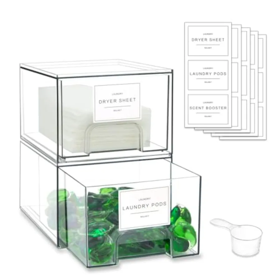 

Pack Laundry Room Organization Storage Drawers with Labels Clear Stackable Dryer Sheet Holder and Pod Containers Detergent Disp
