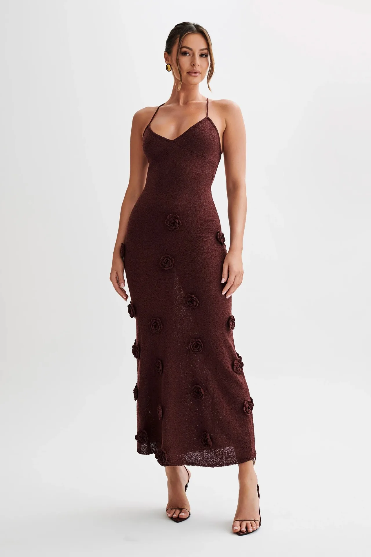 Chic 3D Floral Maxi Sexy Sleeveless Dress Women Fashion V-neck Backless Long Dresses New White Lady Party Beach Holiday Robe 