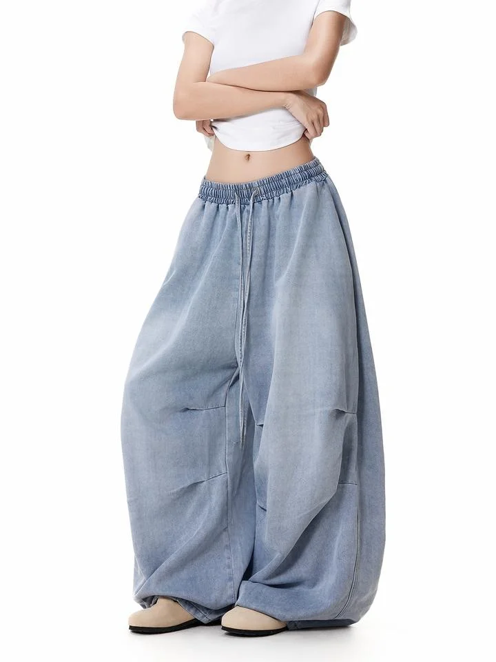 

American Street Style Pleated Loose Wide Leg Jeans Casual Unisex Summer Thin Long Trousers Hip Hop Loose Fit Jeans