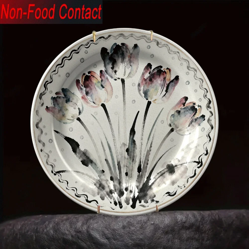 1pc Elegant Ceramic Tulip Flower Plate - Asian-Inspired Black & Golden Watercolor Dutch Tulips, Round Non-Food Serving Plate
