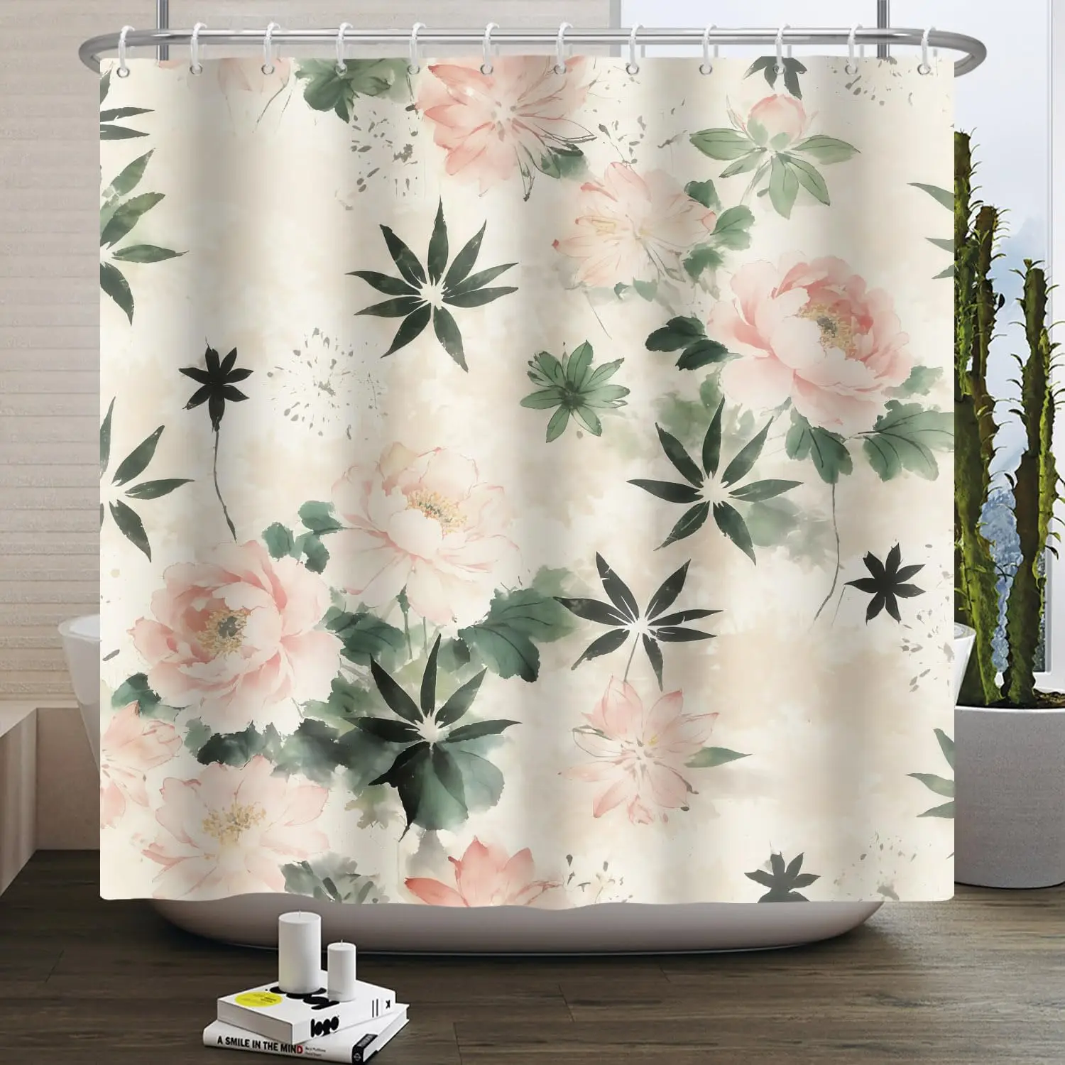 Beautiful Floral Botanical Shower Curtain Waterproof Pink Watercolor Flower Bathroom Decor Master Spa Curtain 180x180cm