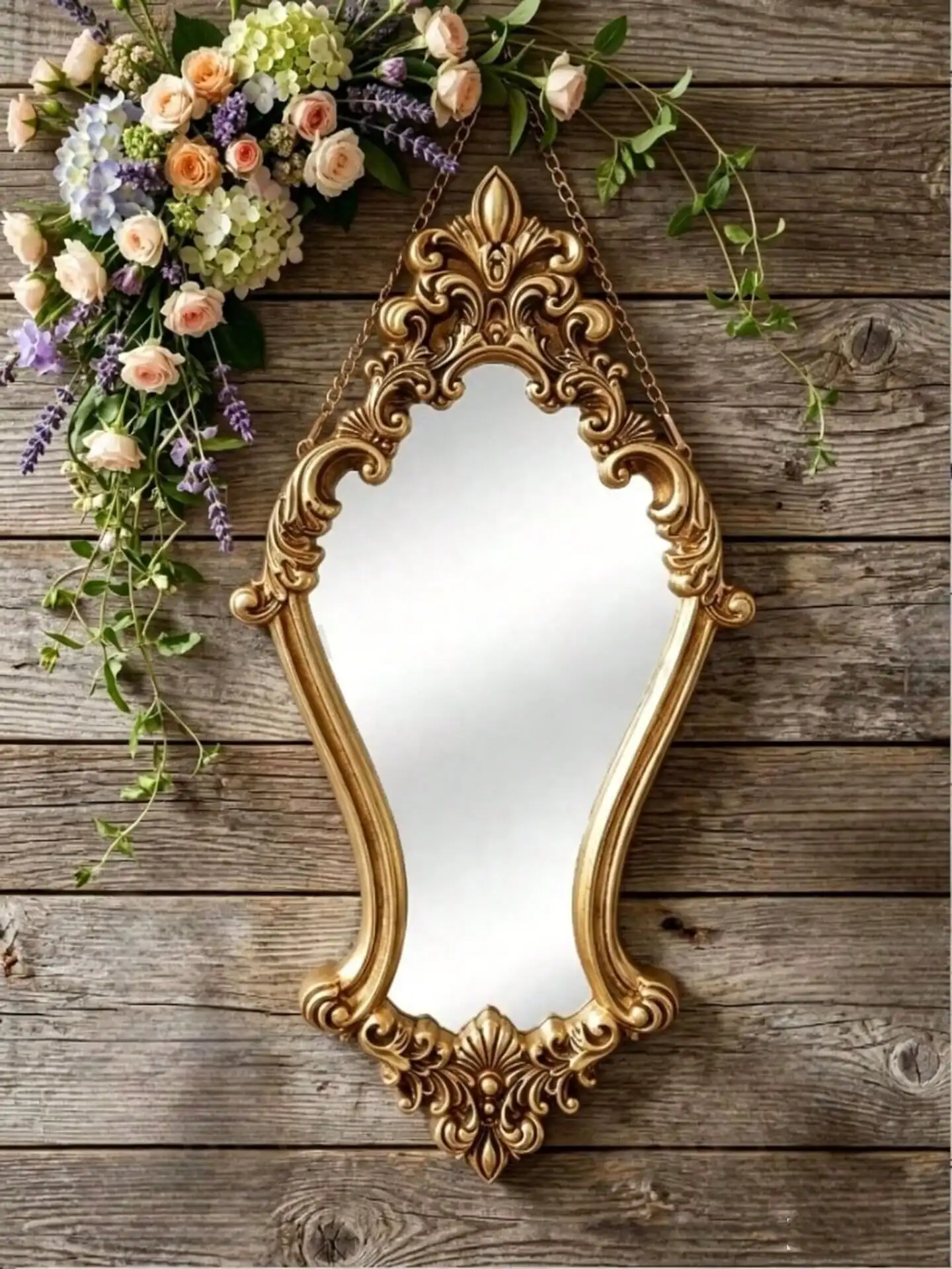 1PC European Vintage Style Gold 3D Classical Floral Pattern Decorative Wall Hanging, Wooden Hand-Painted Makeup Mirror Frame, Indoor Warm Wall Decor Home Art Hanging Ornament, Baroque Relief Wall Decor,sh260817155916527015200