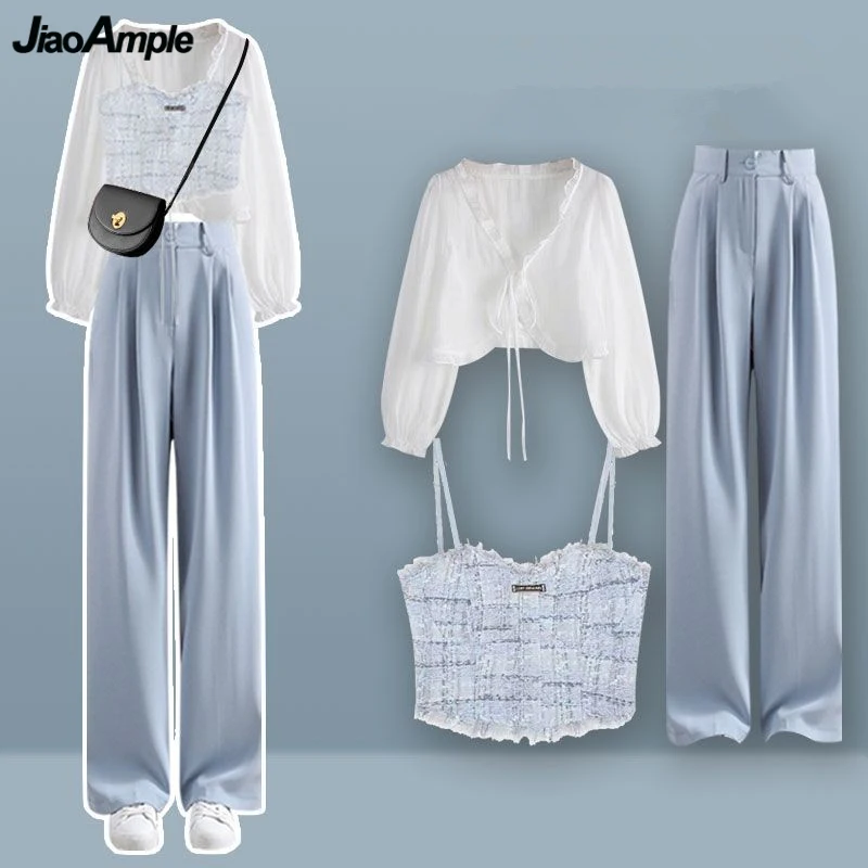 

2023 Summer Women Fashion Blue Long Suit Pants Korean Lady Sun Shirts Vest Trousers Three Pieces Sets Graceful Outfits Female