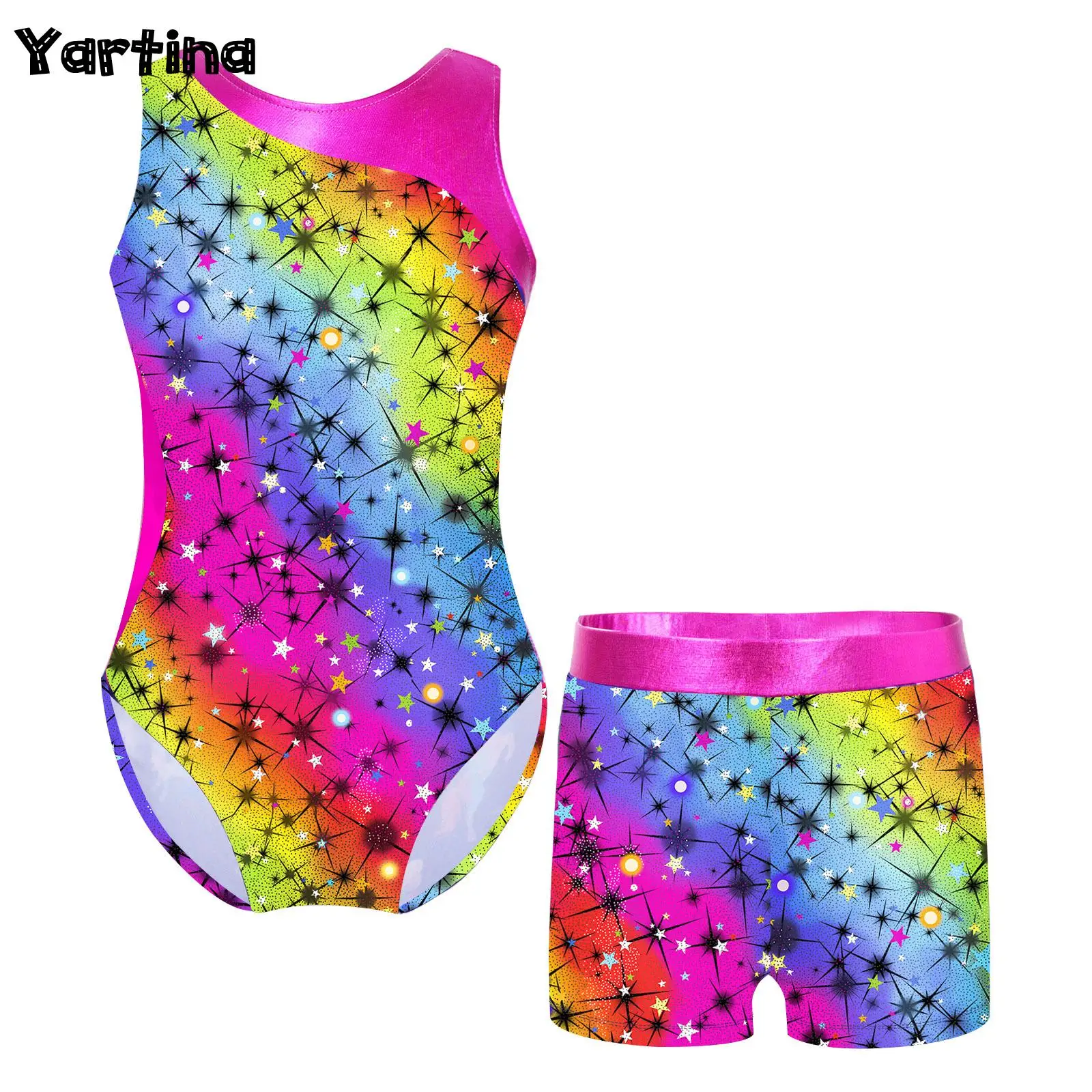 

Kid Girls Printed Unitard Jumpsuit Leotard with Shorts Rhythmic Gymnastics Ballet Dance Outfit Artistic Figure Skating Costume