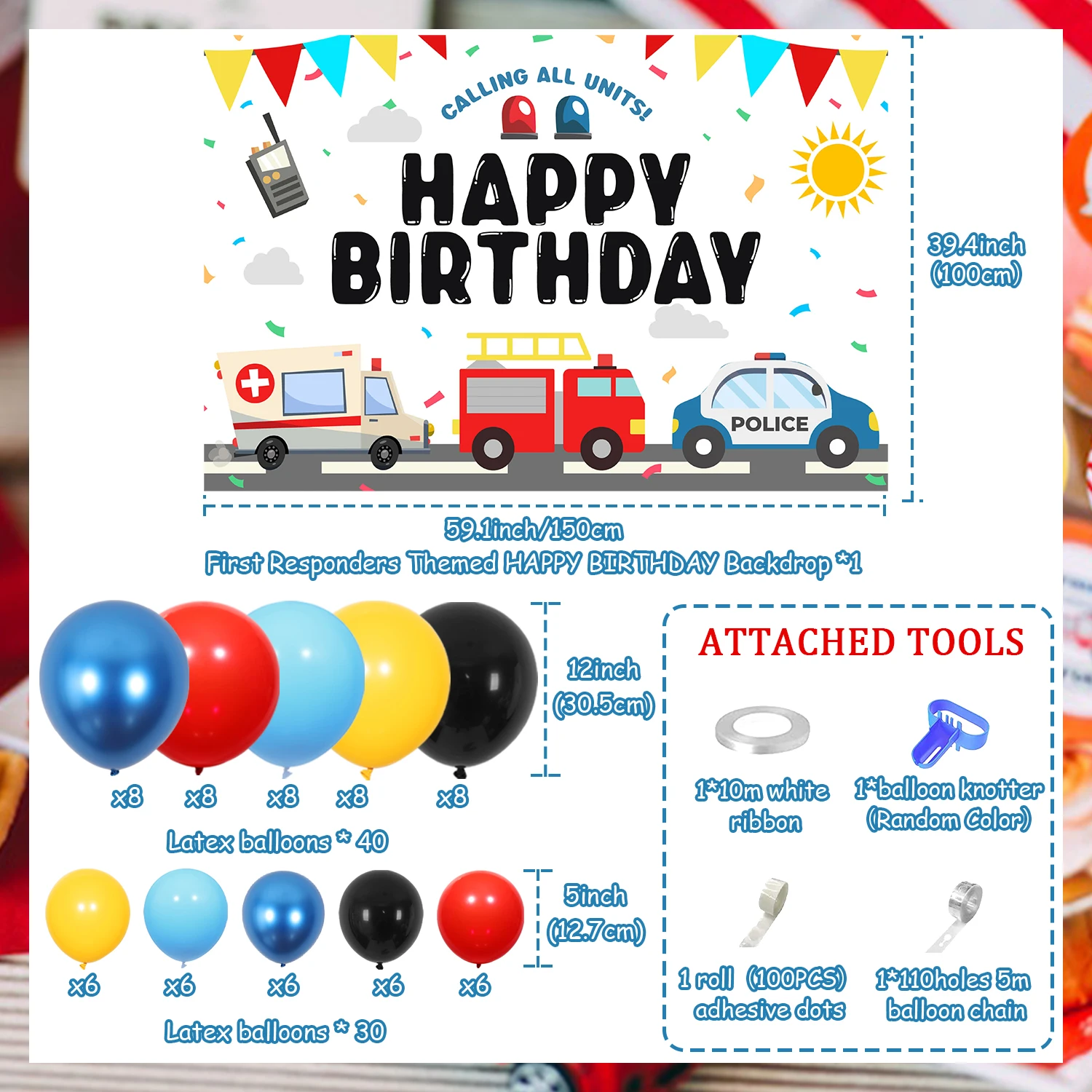 75Pcs First Responders Birthday Party Decor Emergency Rescue Team Calling All Units Backdrop Balloon Garland Arch Kit