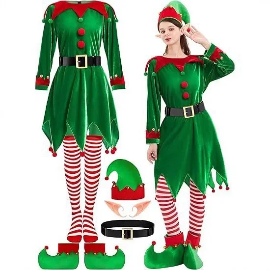 Adult Christmas Green Elf Dress Costume for Men Women Cosplay Outfit for Holiday Stage Performance Themed Party Dress Up Prop