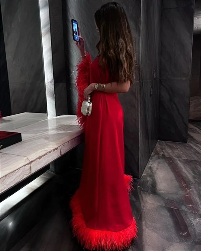 Xijun Red Gogerous Evening Dress Feather Long Prom Dress One Shoulder Formal Occasion Prom Gowns Ankle Length For Women Dubai