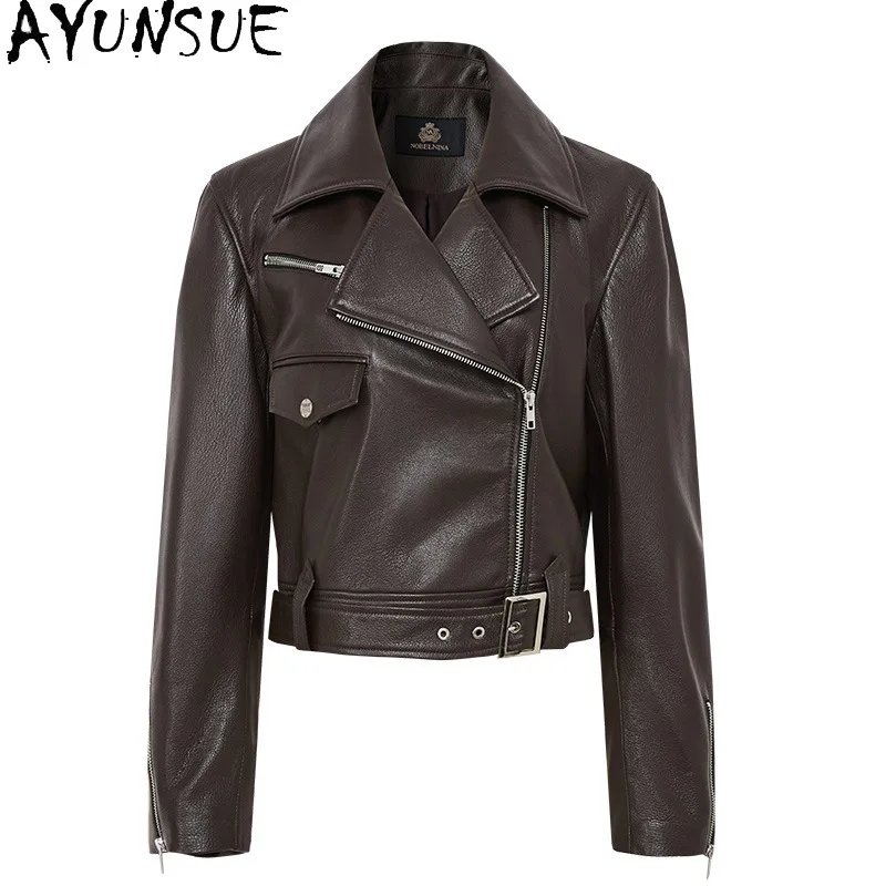 AYUNSUE High-end หนังแพะของแท้หนังแจ็คเก็ตผู้หญิง 2025 สีดําแจ็คเก็ตสตรีฤดูใบไม้ผลิฤดูใบไม้ร่วงเสื้อผ้า Slimха Ж