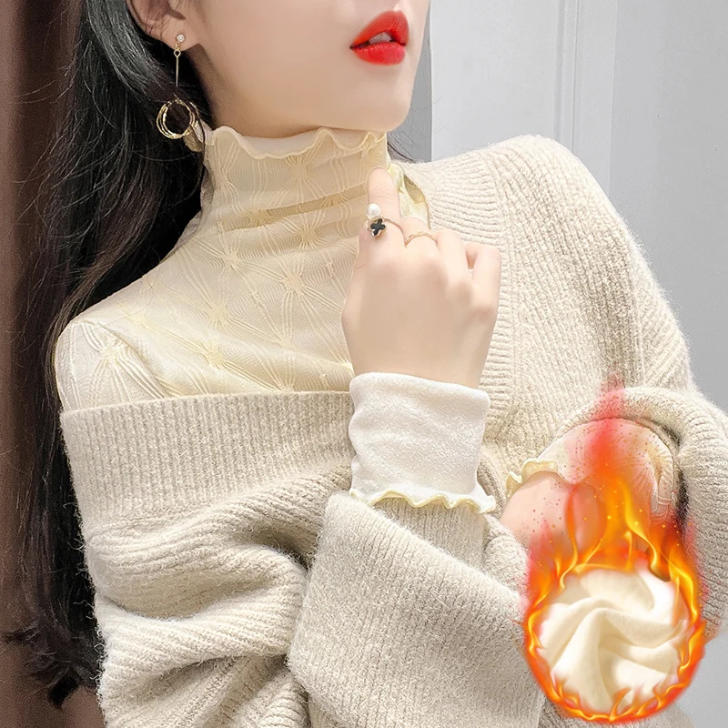 

Faionable High Collar Lace Base irt Women's Autumn Winter Embroidered Me Top Brand Tagl Slim Fit Knitted Long Sve