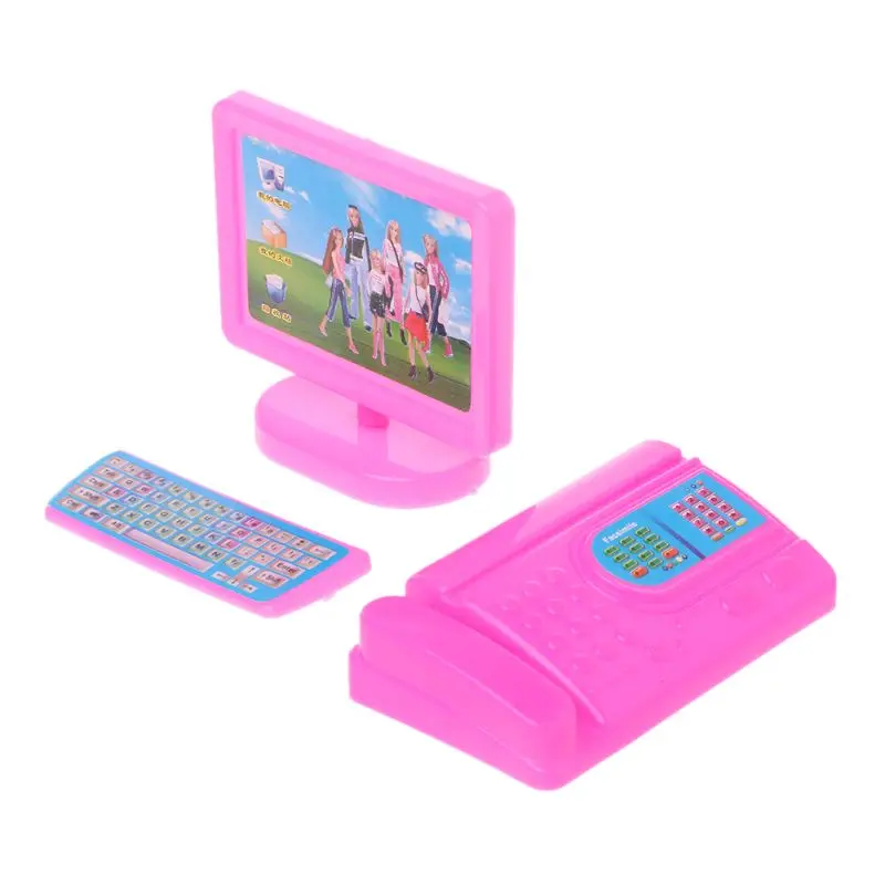 Dollhouse Miniature Desktop Computer Fax Machine Keyboard Realistic PCs for Girls 30CM Toy Dolls Interactive Pretend Toy