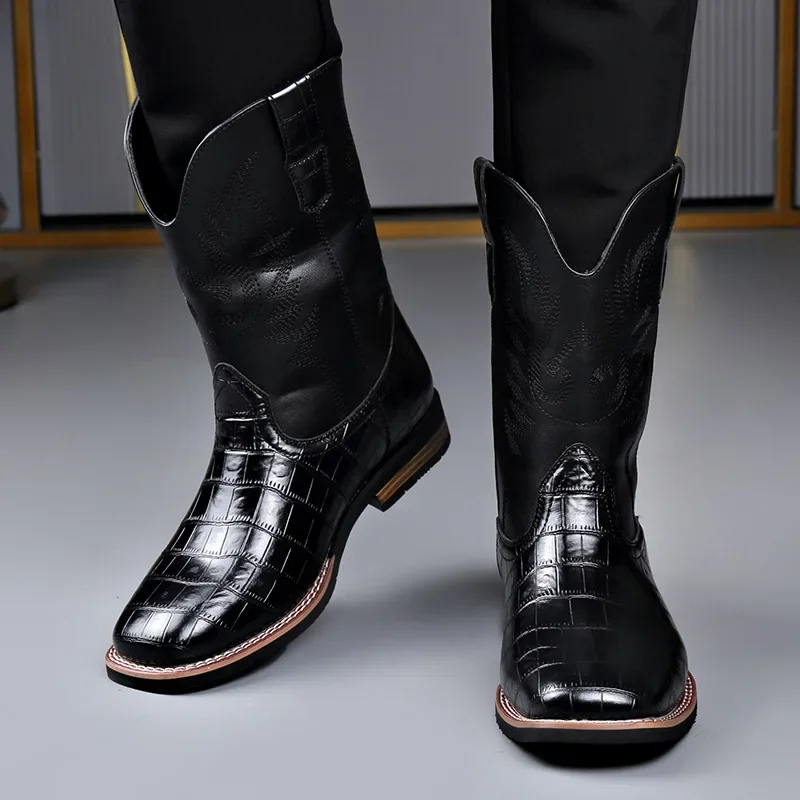 High Quality Fashion Leather Cowboy Boots for Men Autumn New Designer Stone Pattern Chelsea Boots Male Retro Designer Shoes Man