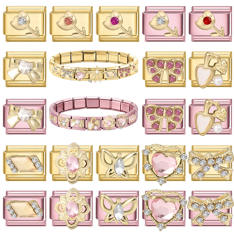 Breloque Coquillage Rose Doré Papillon Cœur Étoile Rose pour Bracelet en Acier Inoxydable 9mm, Idéal pour la Fabrication de Bijoux DIY pour Femme, Cadeau