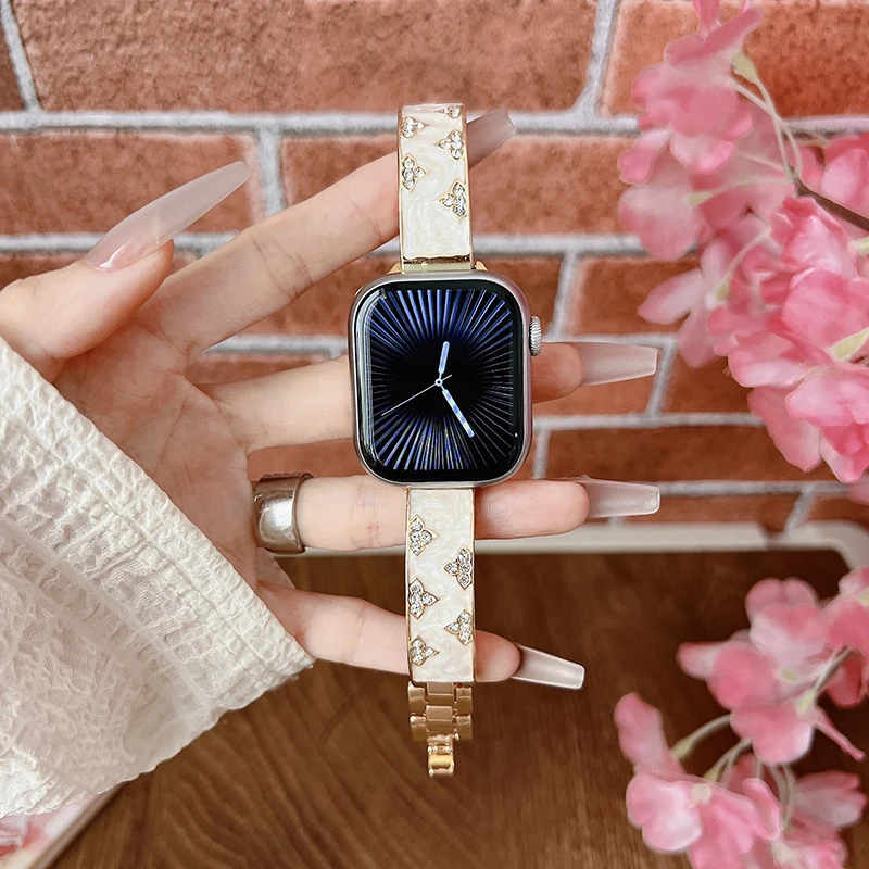 Роскошный костюм с ремешком из позолоченных бриллиантов для всех диапазонов серии Apple Watch Стильный позолоченный браслет с бриллиантами в форме листа Металлический ремешок