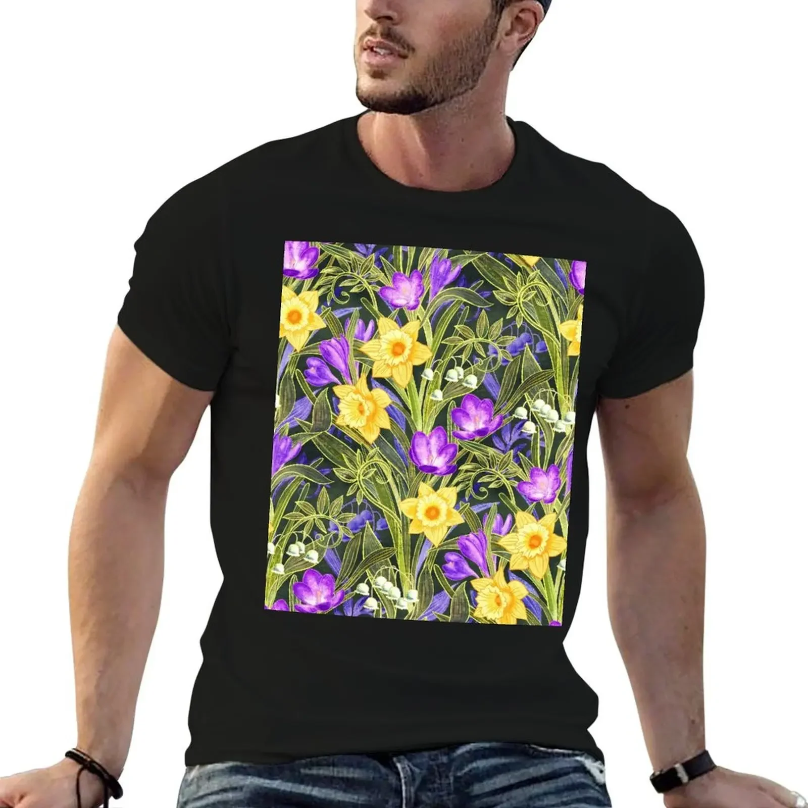 

Spring Floral with Daffodils, Crocuses and Lily of the Valley on Dark T-Shirt anime tshirt street wear mens t shirts top quality