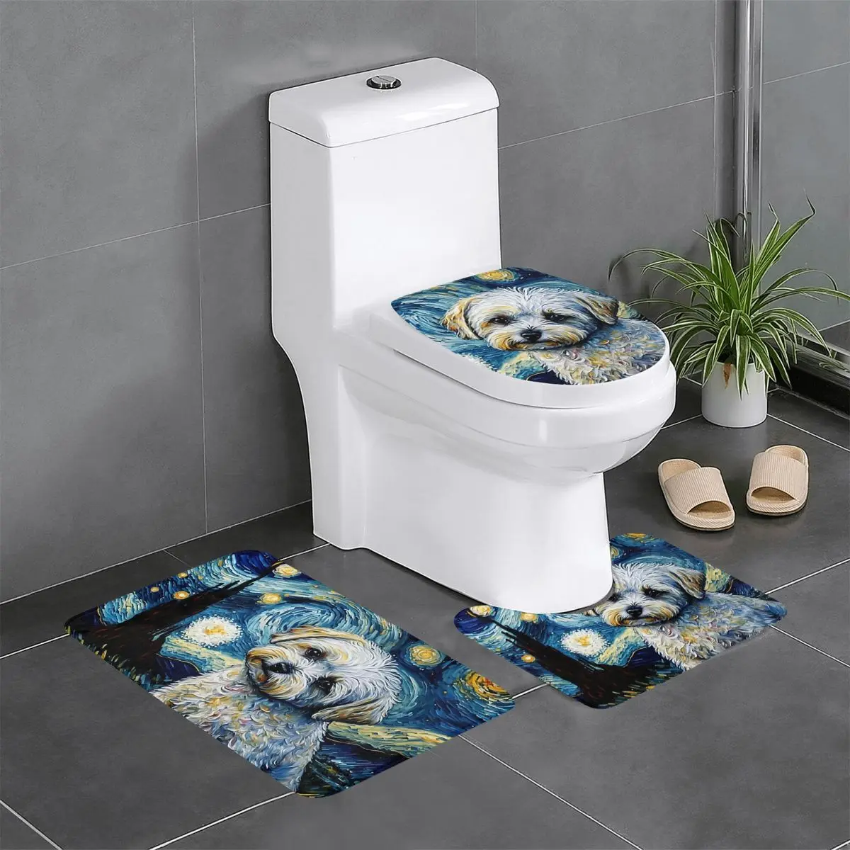 

Maltese Terrier Puppy Starry Night 3 Pcs Bath Mat Bathroom Set Toilet Lid Cover Home Decor Non-Slip Carpet Floor Rug