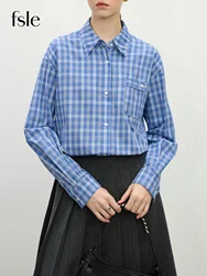 FSLE Blue Plaid Shirt For Female 2025 Spring New Design Korean Style All-match Cotton Long-sleeved Shirt Streetwear 25FS11187