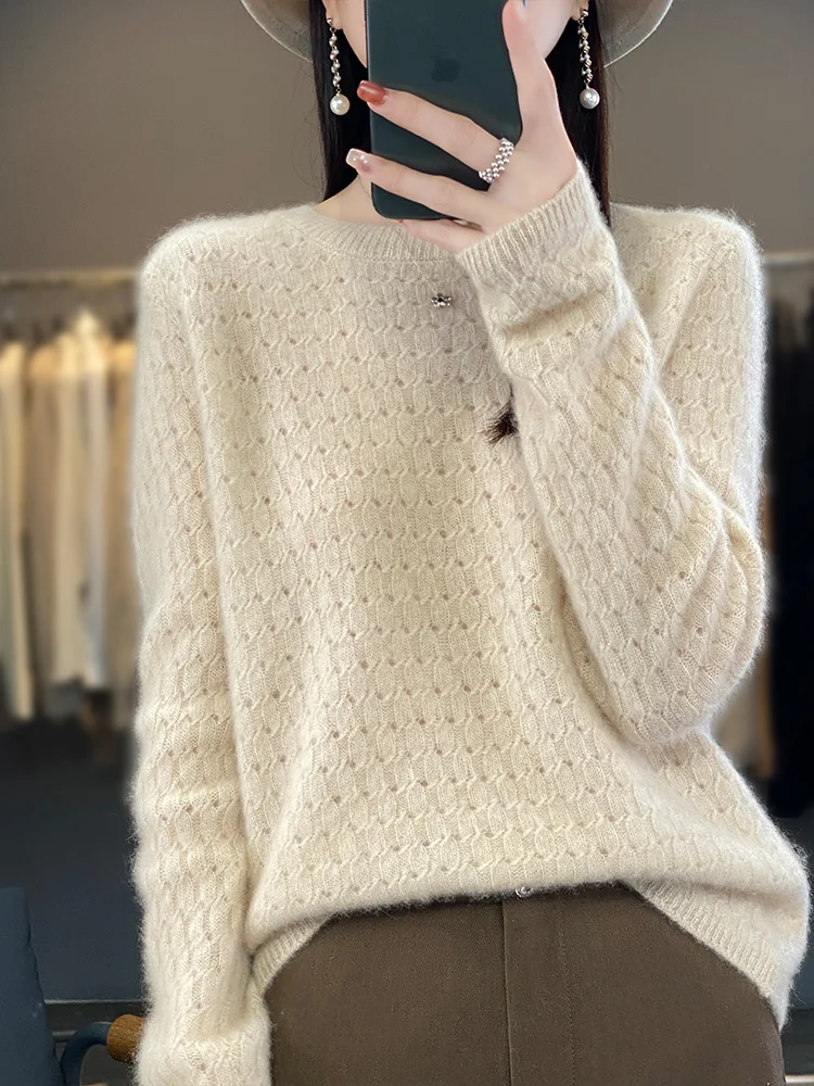 2024 Spring New Women' s O-neck Pullover Sweater Hollow Out Grace Basic Jumper 100% Merino Wool Knitwear Female Clothing Tops