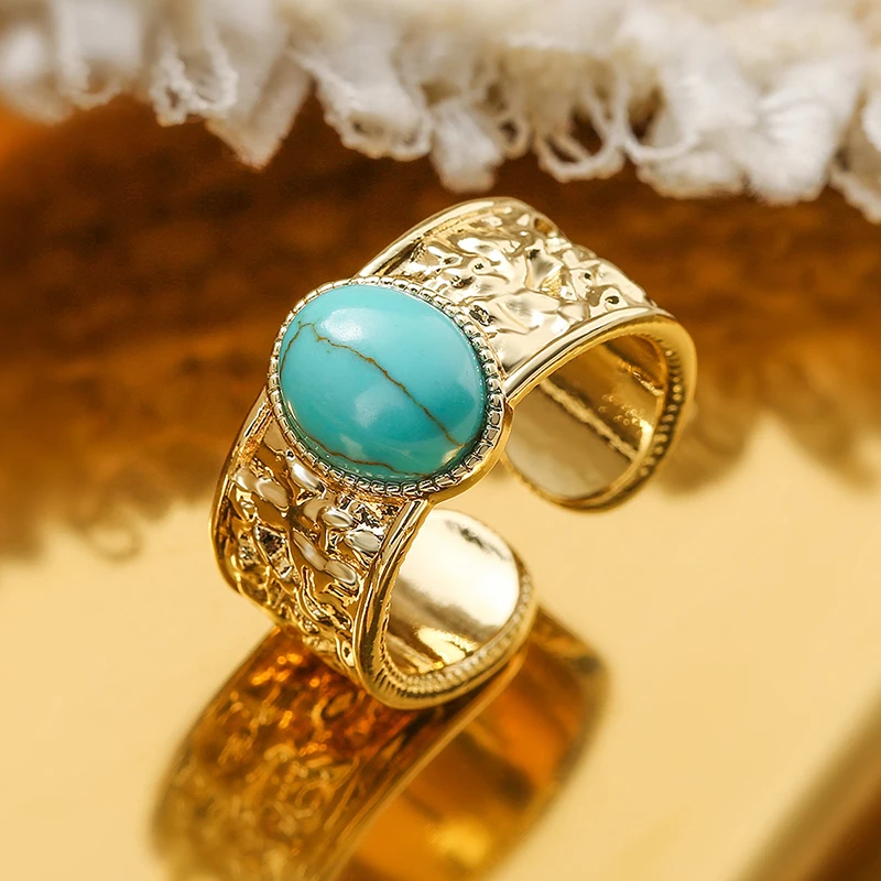 Wide Open Ring With Turquoise Stones For Women Geometric Opening Ring Copper Plated With 18 Carat Gold Niche Vintage Style Rings