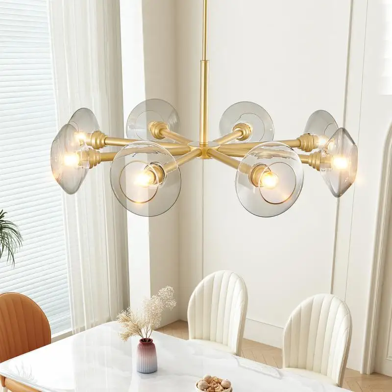 36" Gold 8-Light Sputnik Chandelier with Clear Glass Shades, Mid-Century Pendant Light for Dining Room, Living Room, or