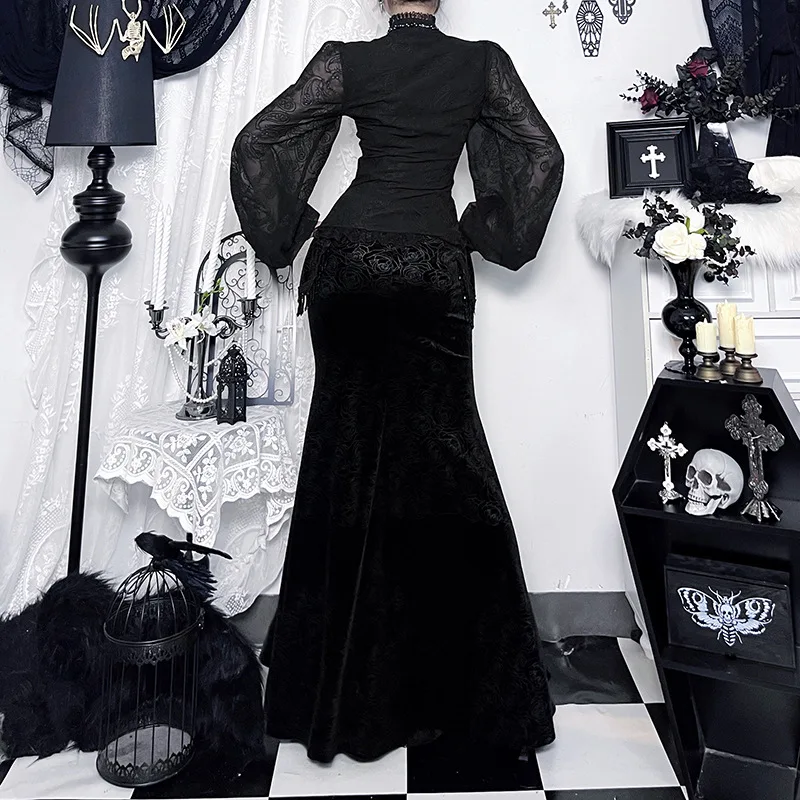 秋のフレンチダークゴシックヴィンテージロングスカート女性の Y2K ボール非対称骨太スカート美的エレガントな高品質の服