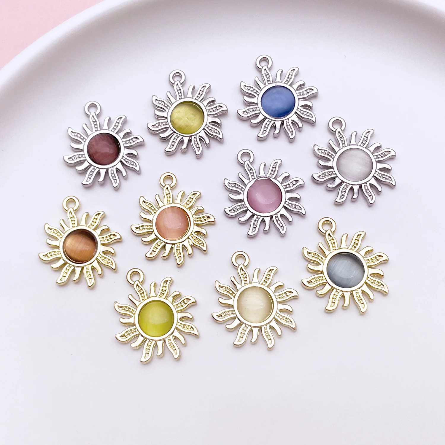 2pcs/10pcs Alloy Colored Cat Eye Stone Sun Pendant Jewelry Making DIY Earrings Charms for Jewelry Bracelets Necklace
