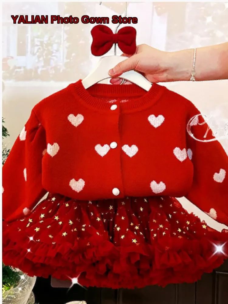 Girls Tutu Skirt Set Children Autumn Winter Christmas Rabbit Pattern Knit Cardigan Skirt Outfit Kids