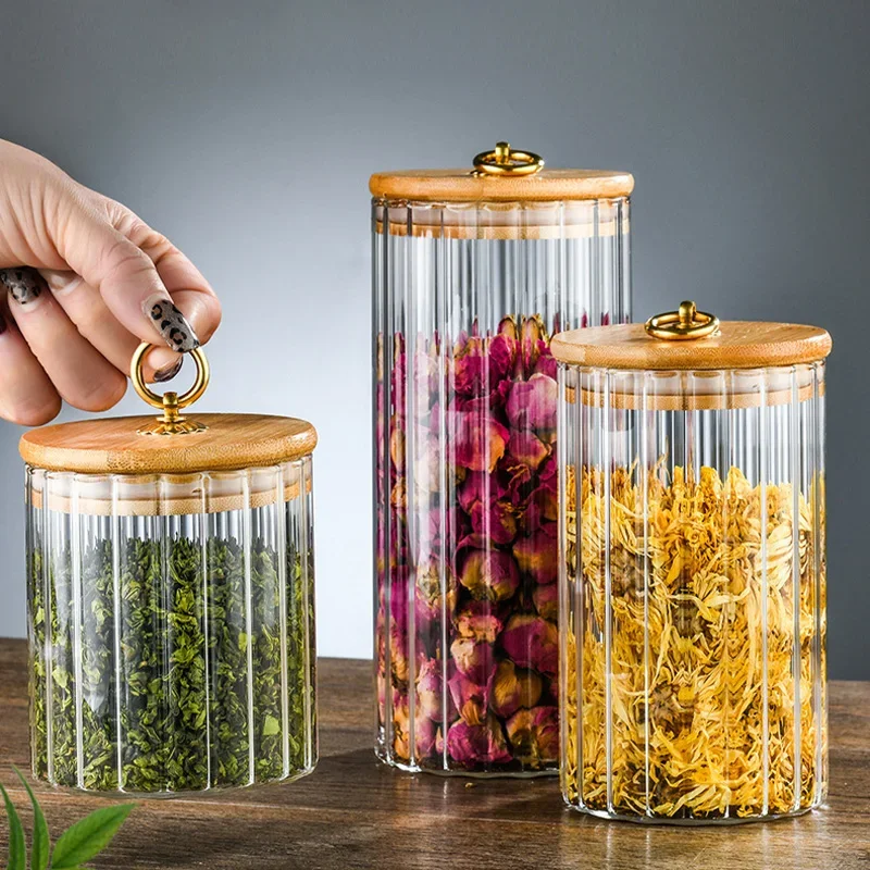 Wood Lid Glass Airtight Canister Kitchen Storage Bottles Jars Food Container Grains Tea Coffee Beans Grains Candy Jar Containers