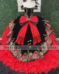 Luxury Mexican Embroidery Quinceanera Dresses 2024 With Bow Black And Red Ball Gown Birthday Gown Ruffles Sweet 16 Dress Lace-Up