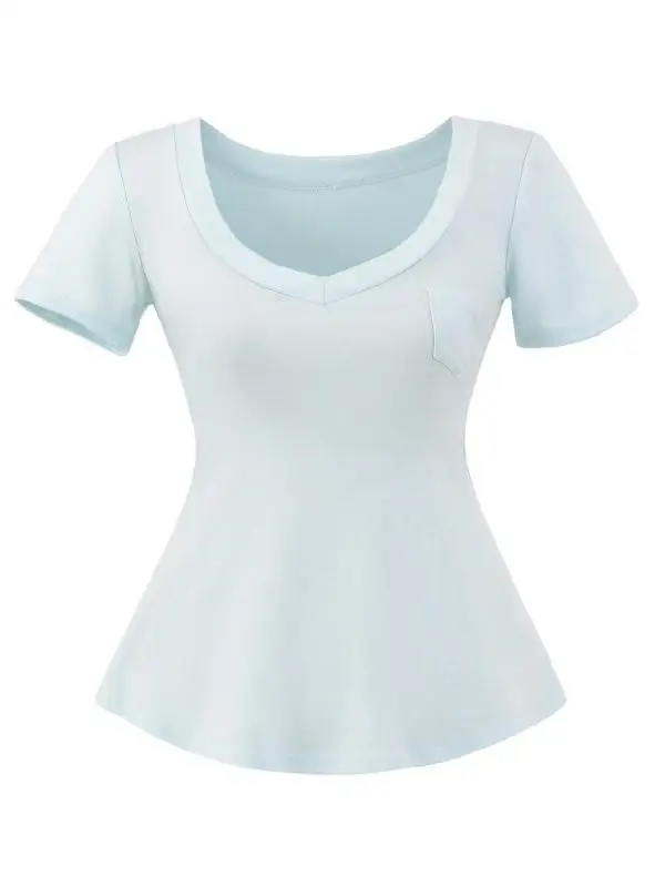 Sexy Sweet-and-Spicy Ort-Slee T-Shirt mit herzförmigem Kragen, tailliertem Ket-Detail, Street-Sle-Sommeroberteil für Damen