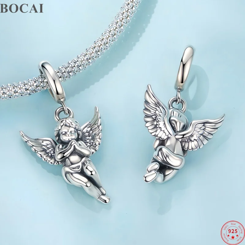 BOCAI NEW S925 Sterling Silver Pendants for Men Women Creative Cupid Wings Angle Cute Little Bear Charm Fine Choice Jewelry