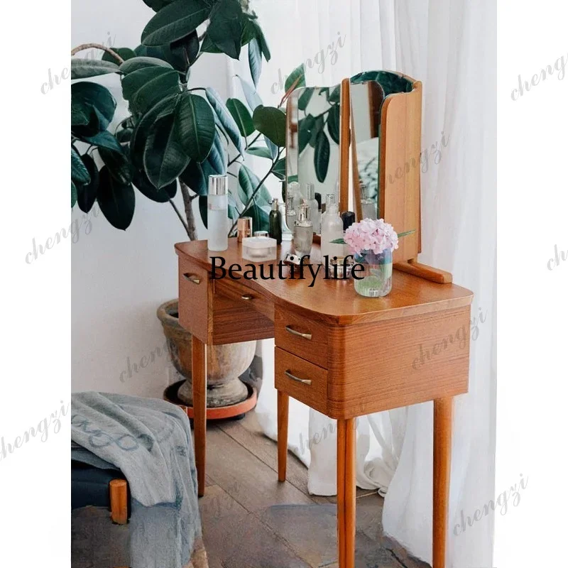 teak triple folding mirror dresser Nordic retro simple bedroom makeup table medieval
