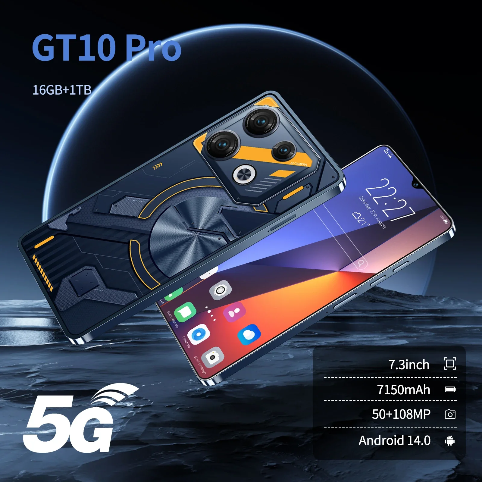 GT10 pro Global Version 5G Smartphone 16GB+1024GB 7.3 inch 7150mAh Snapdragon 8 Gen 3 Android13  Cellphone 72MP+108MP Camera