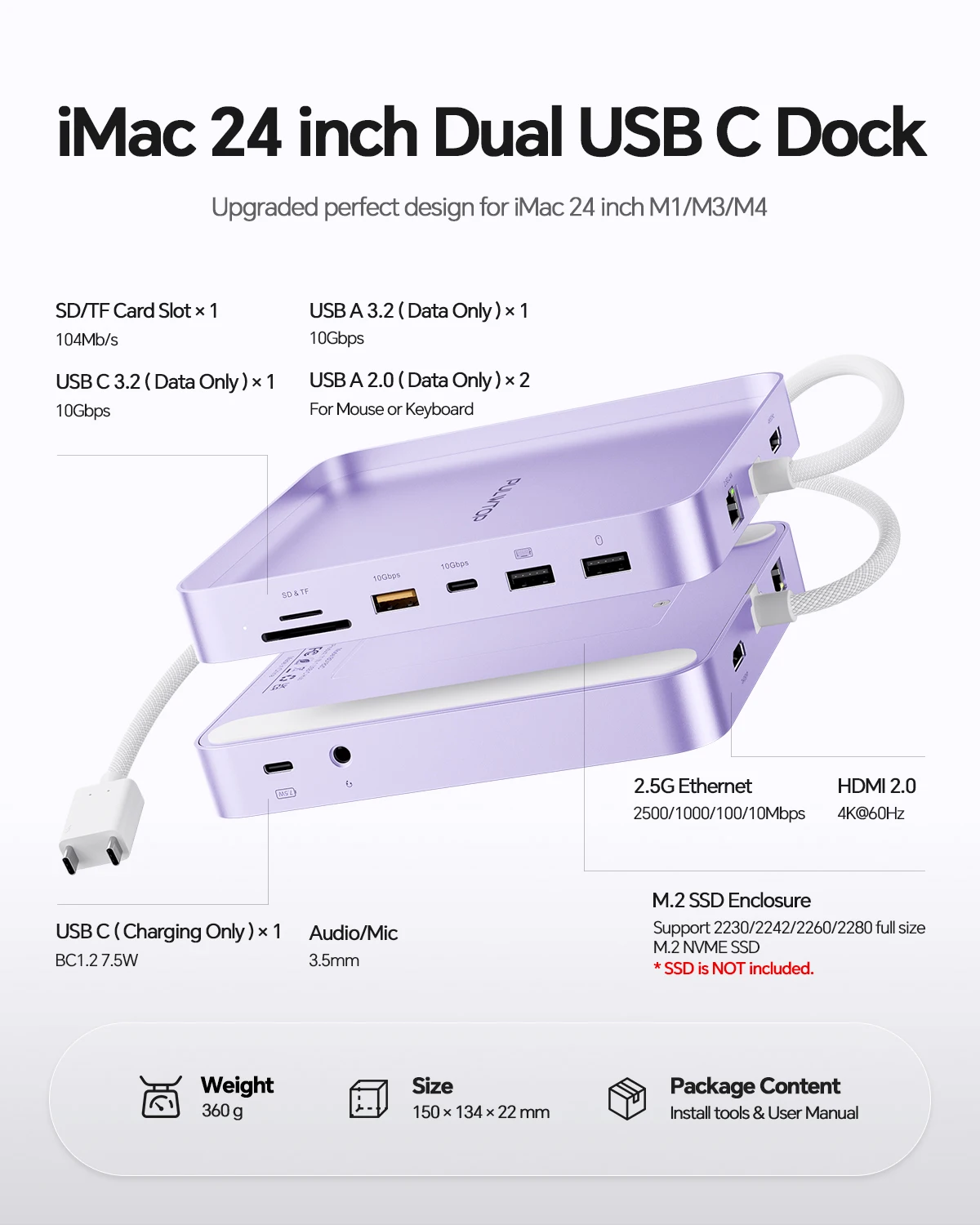 PULWTOP iMac USB Hub with 4K HDMI, Ethernet, USB A/C 10Gbps, SD/TF, M.2 SSD Enclosure (SSD Not Included) for M1/M3/M4-Purple