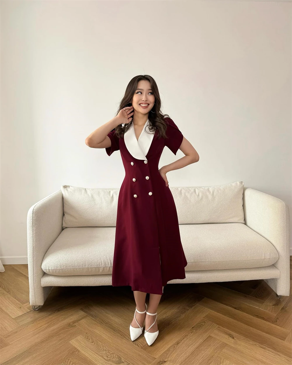 Customized Evening Dress Classic Burgundy Jersey V-Neck Off the Shoulder Short Sleeves A-Line Tea Length Buttons Prom Gowns