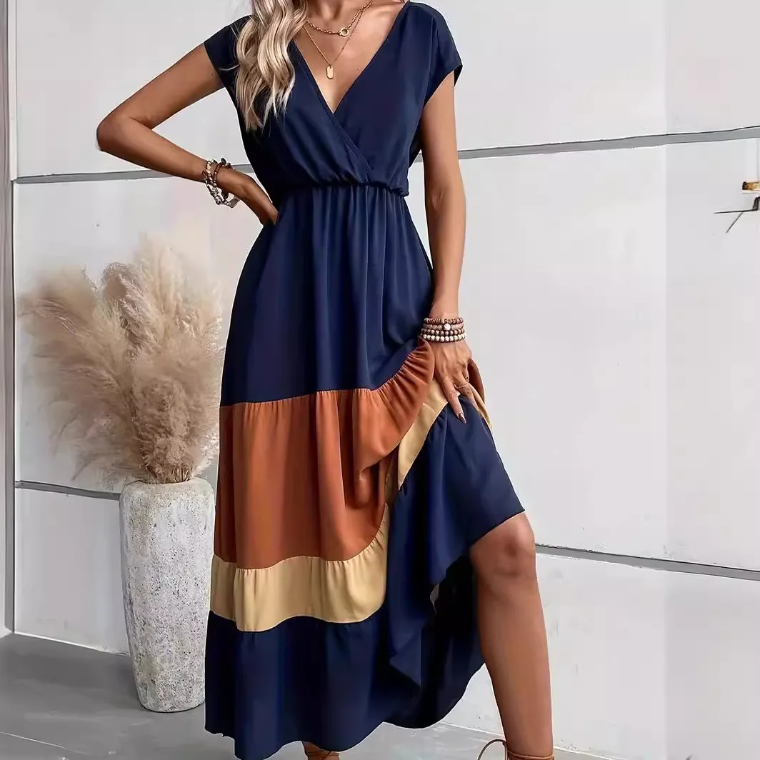 

Women's Dresses Deep V-neck Short Sleeve High Waist Loose Dress Contrast Striped Fashion Casual Versatile Summer 2024 New