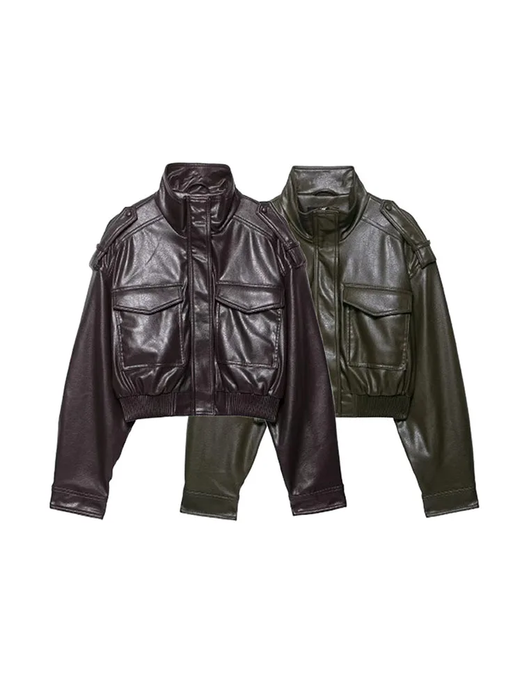 

2025 Autumn Two-color Pockets Cropped Leather Jacket Women Loose Stand Collar Long Sleeve Zipper Coat Lady Chic Outwear New