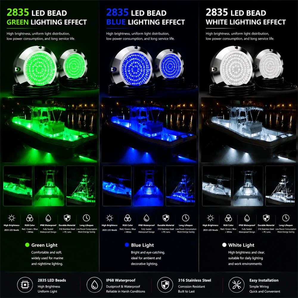 4PCS 108 LED Marine Underwater Light IP68 Waterproof Boat Yacht Fish Lamp DC 10-30V Non-Polar Stainless Steel RV Deck Lighting