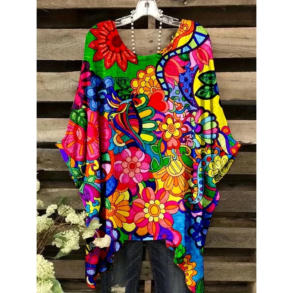 2025 elegante boêmio camiseta feminina simples vintage floral impressão bainha irregular em torno do pescoço camiseta moda versátil topo feminino