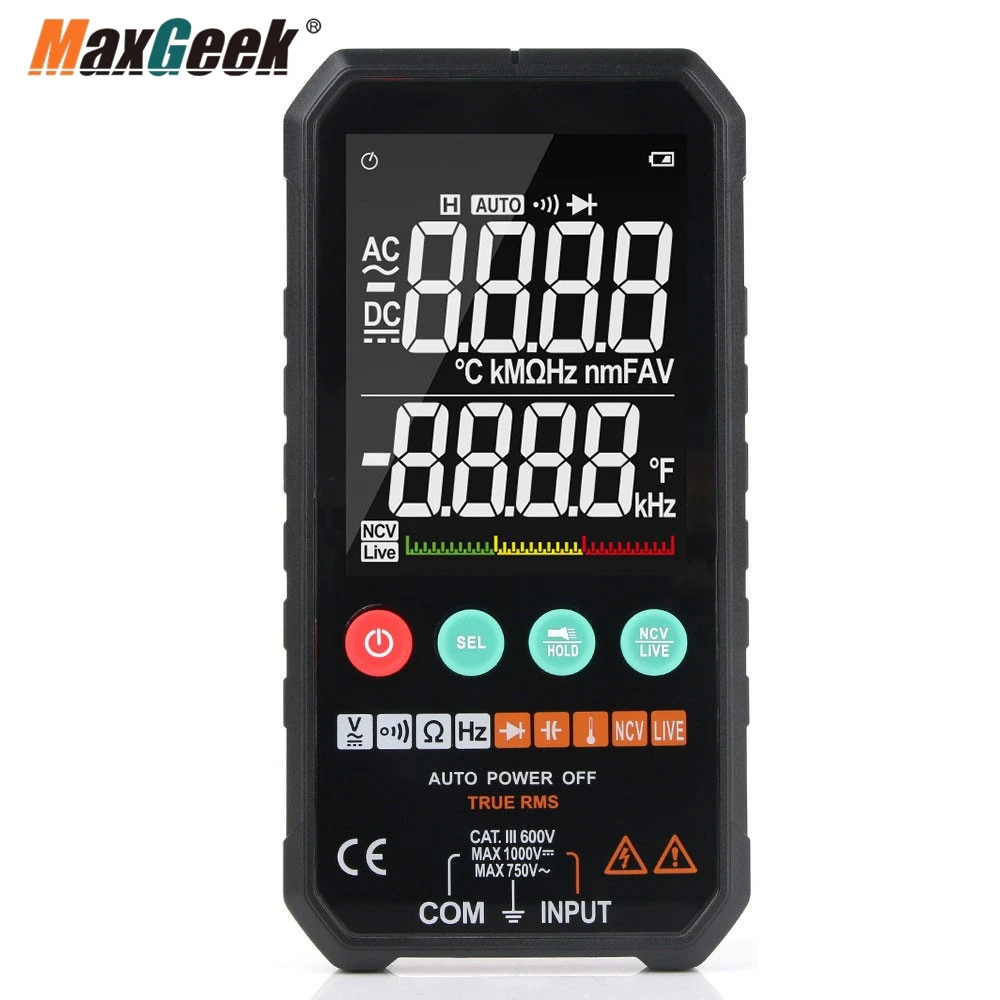 Maxgeek FY107C Smart Digital Multimeter Tester AC/DC Voltage Resistance Tester with Temperature Probe