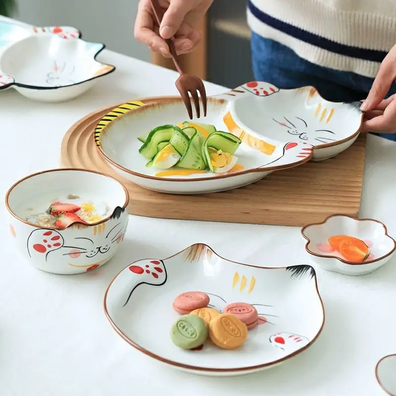 Japanese-style Lucky Cat Pattern Ceramic Plates, Creative Dinner Tableware, Cartoon Plate Sets, Kitchen Lovely Dishes Porcelain,