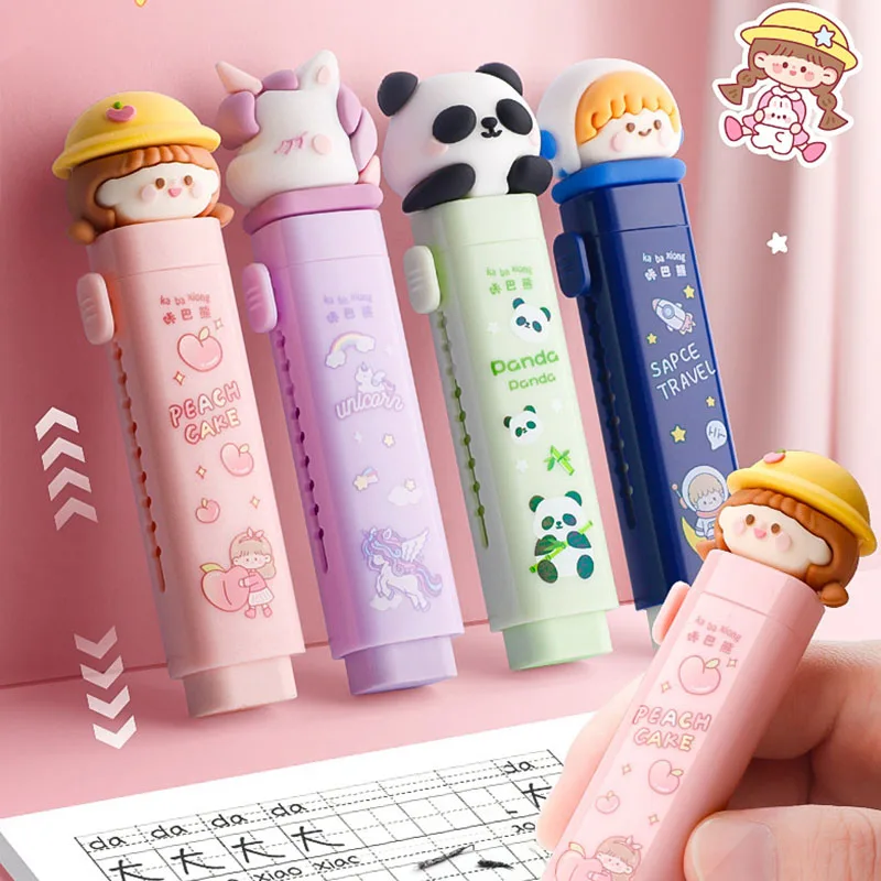 4/12set Unicorn Panda Push-Pull Eraser Creative Writing Drawing Rubber Pencil Erasers Stationery For Kids Gifts School Suppies