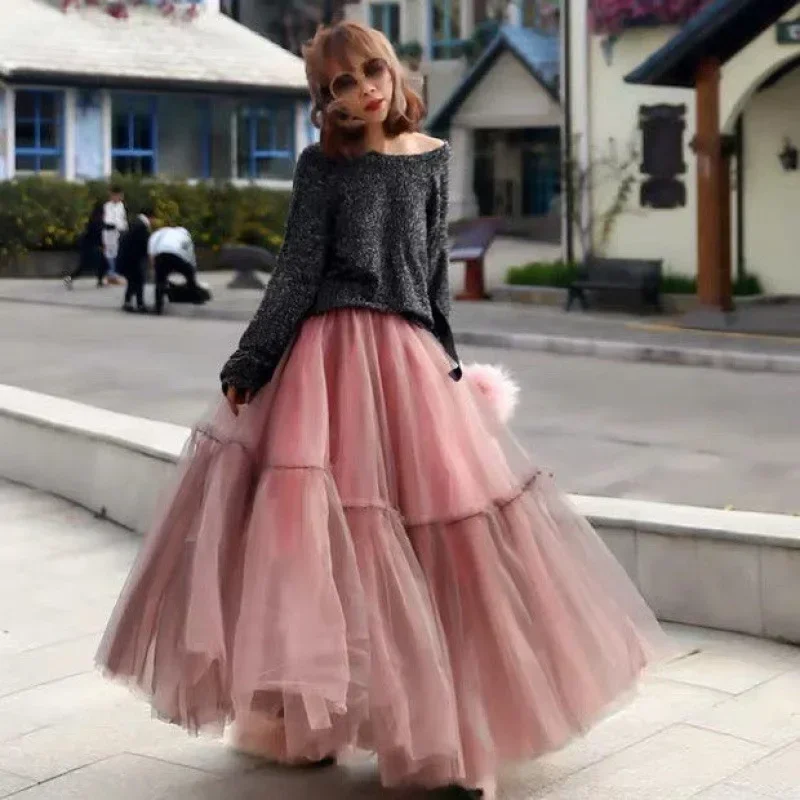 35 to 65kg Pink Black Teens Student Tulle Skirt Women Mesh 3 Layers Princess Tutu Skirts Sweet Bridesmaid Elastic Long Skirt