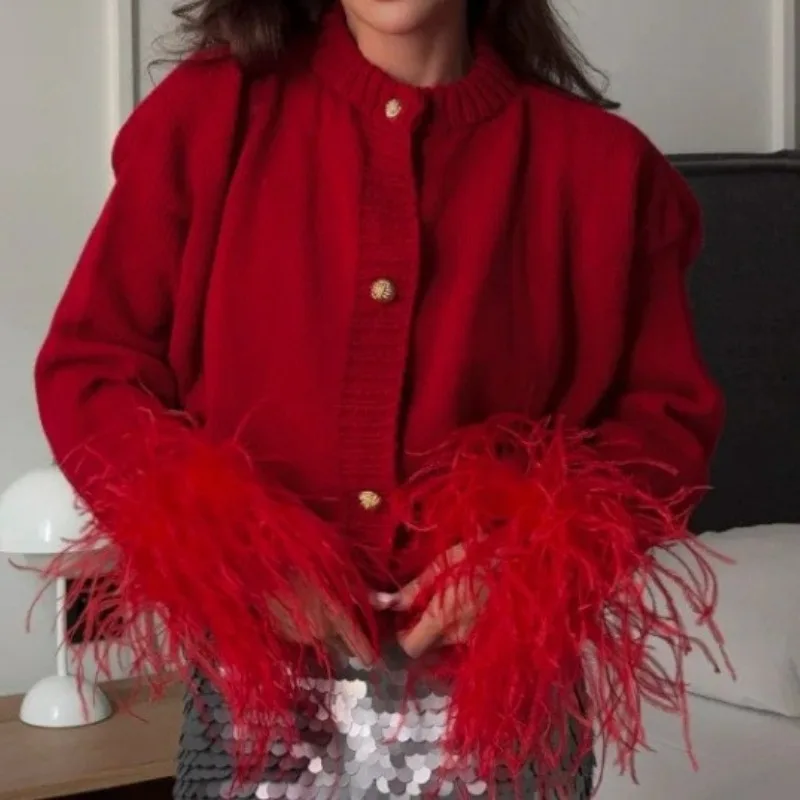 

2026 Feather Patchwork Knitted Cardigan Women Fashion Long Sleeve Single Breasted Short Loose Sweater Coats Elegant Street Tops