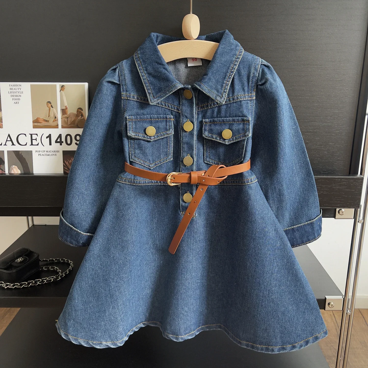 

Blue Grils Denim Dress Turn Downn Collar Long Sleeved A-Line Jean Dress Spring Autumn Fashion Girl Princess Dress