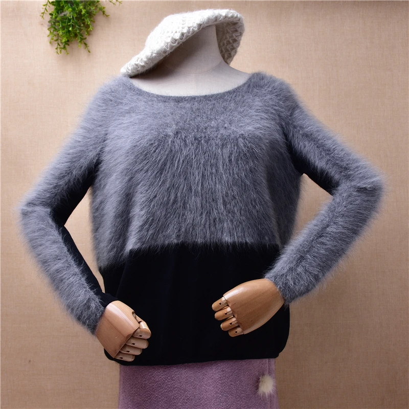 female women fashion grey fall winter hairy mink cashmere knitted o-neck loose pullover angora fur jumper Patchwork sweater pull