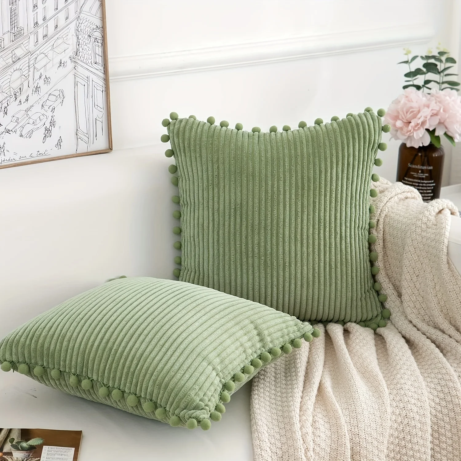 Green Solid Corduroy Cushion Cover, Living Room Sofa Bedroom Fur Ball Pom Pillow  Corduroy Strip Fur Ball 45x45CM Pillow Cover