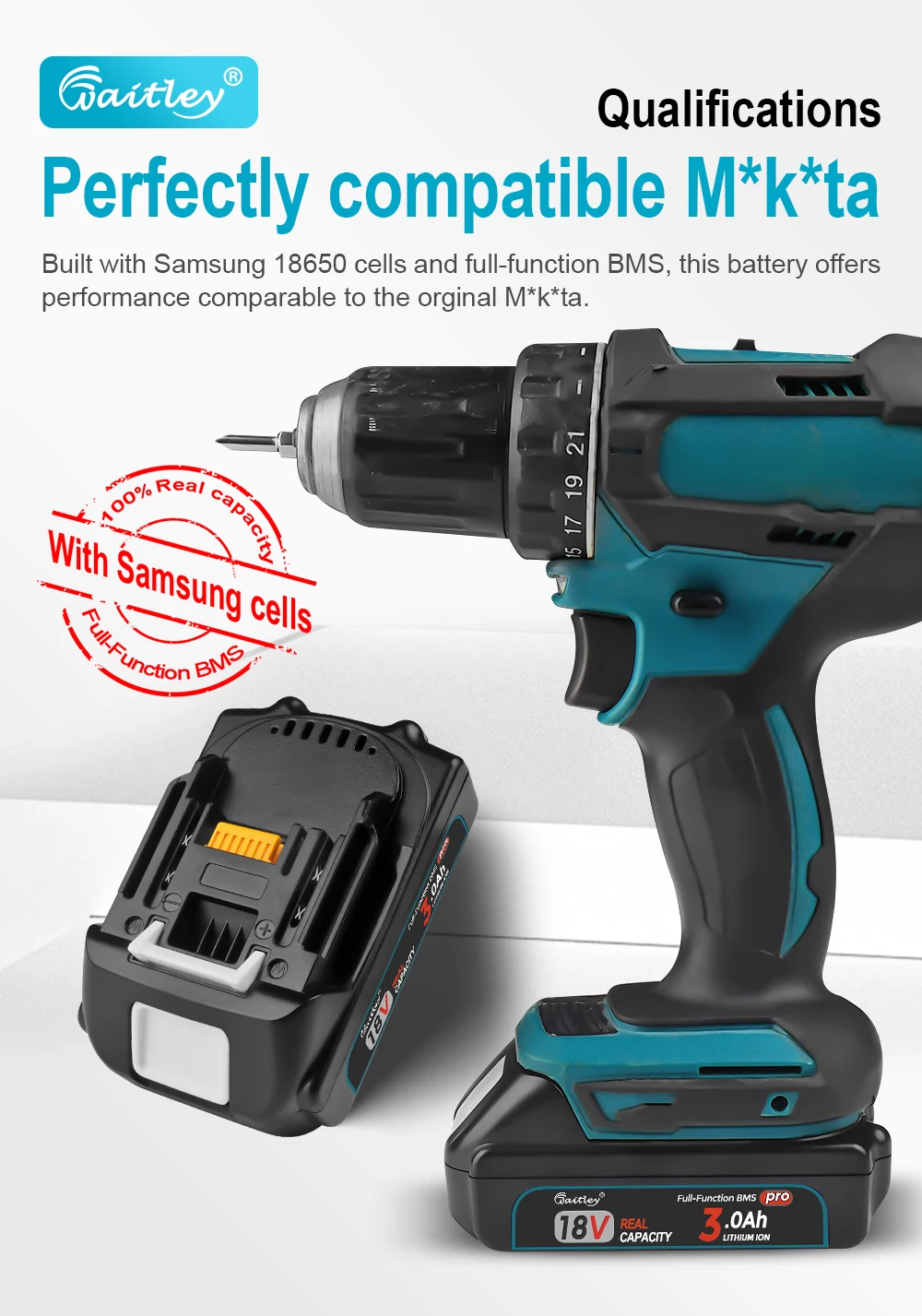 2PCS Waitley Batterie Pro Für Makita 18V Power Tools BL1830 Wiederaufladbare batterien Mit Samsung zellen/Ersatz Zubehör – Detail 4