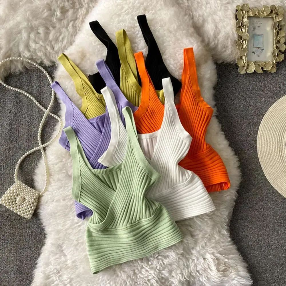 BB Rib Knit Wrap Front Crop Top Retro Chevron Knit Tank Top With V-neck And Solid Color Short Sleeve Blouson Top
