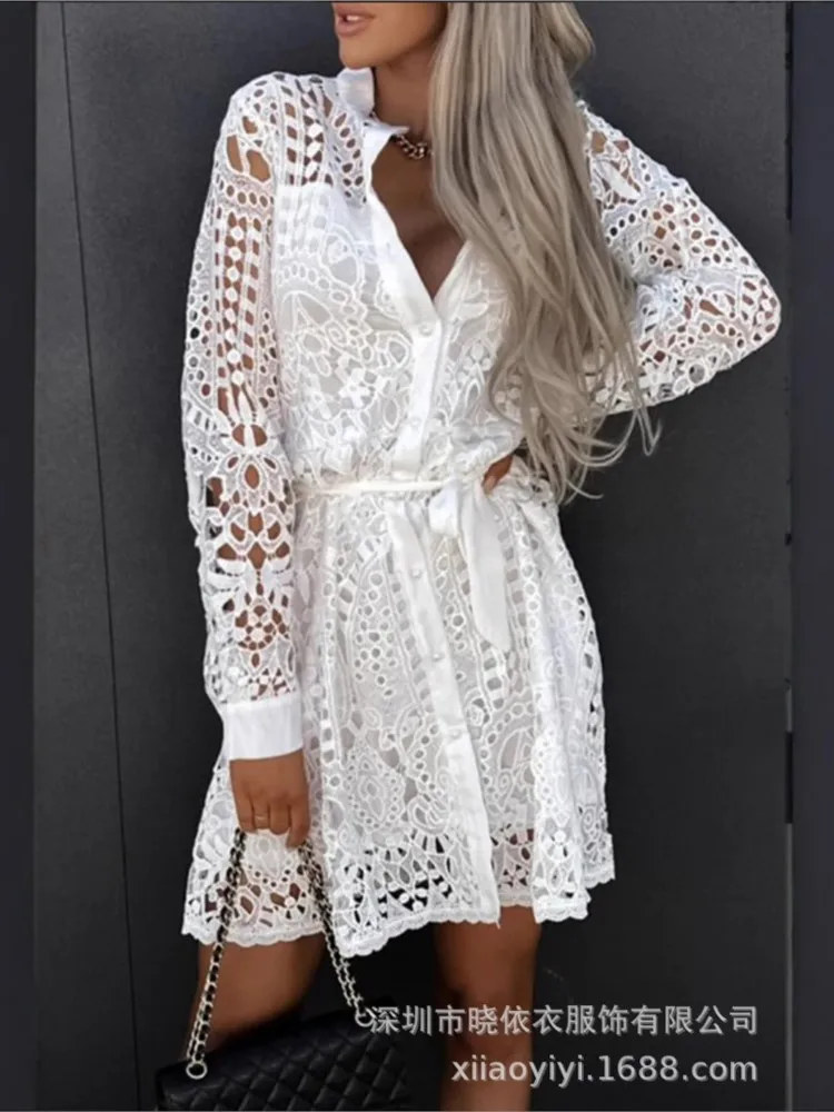 

Waistbands Cardigans Dress Lace Buckles Fashionable Hollow Lace Shirts Waist Cinching Dresses Spring Summer New Dresses Women's